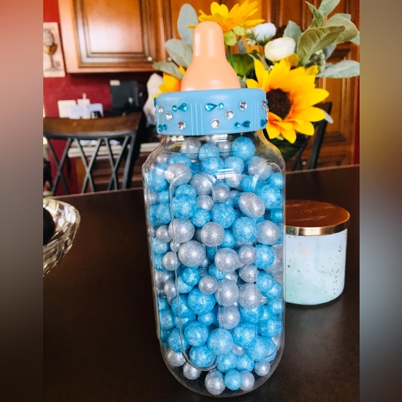 Giant baby bottle with blue & silver glitter balls. Baby shower guessing game. - Picture 4 of 5